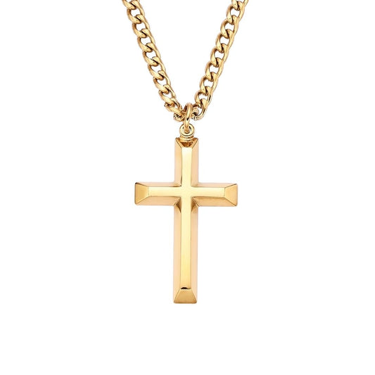Mens 18k Gold Plated Beveled Cross Necklace  – 18-24" Cuban Chain