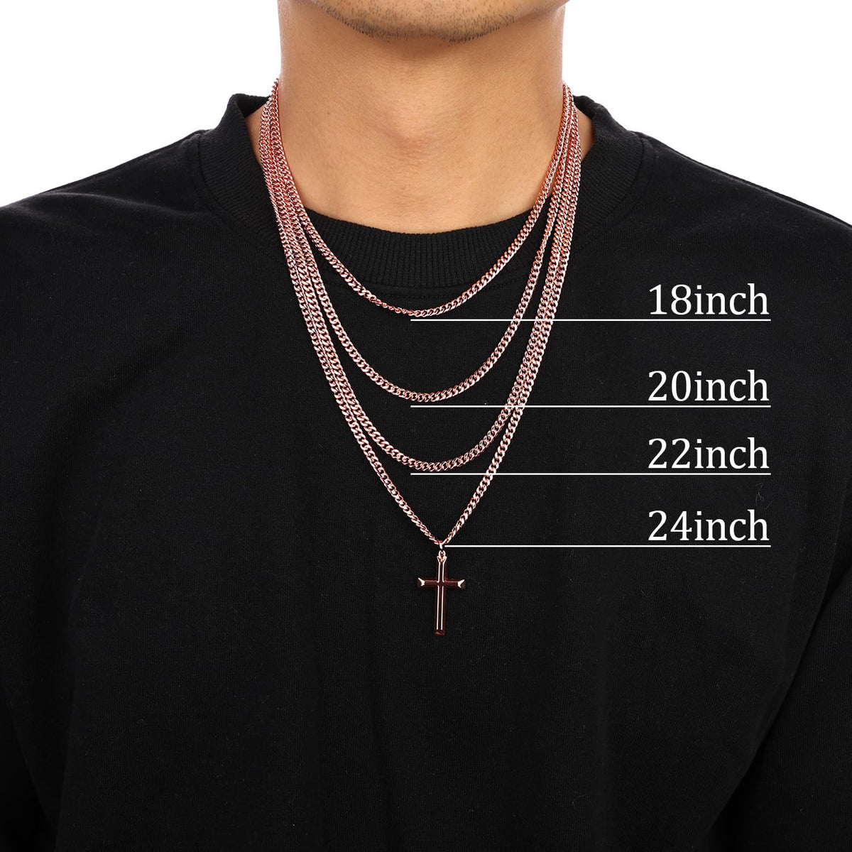 Mens Pure Copper Beveled Cross Necklace  – 18-24" Cuban Chain