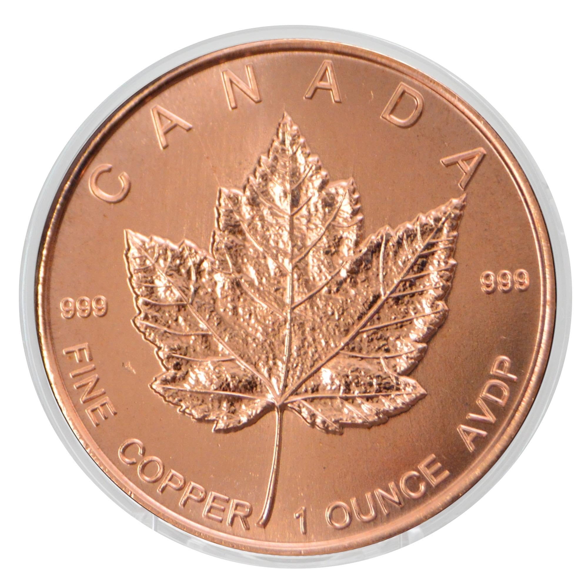 Canada Maple Leaf Design 1 oz Copper Round - .999 Fine Copper Paperweight In Acrylic Capsule