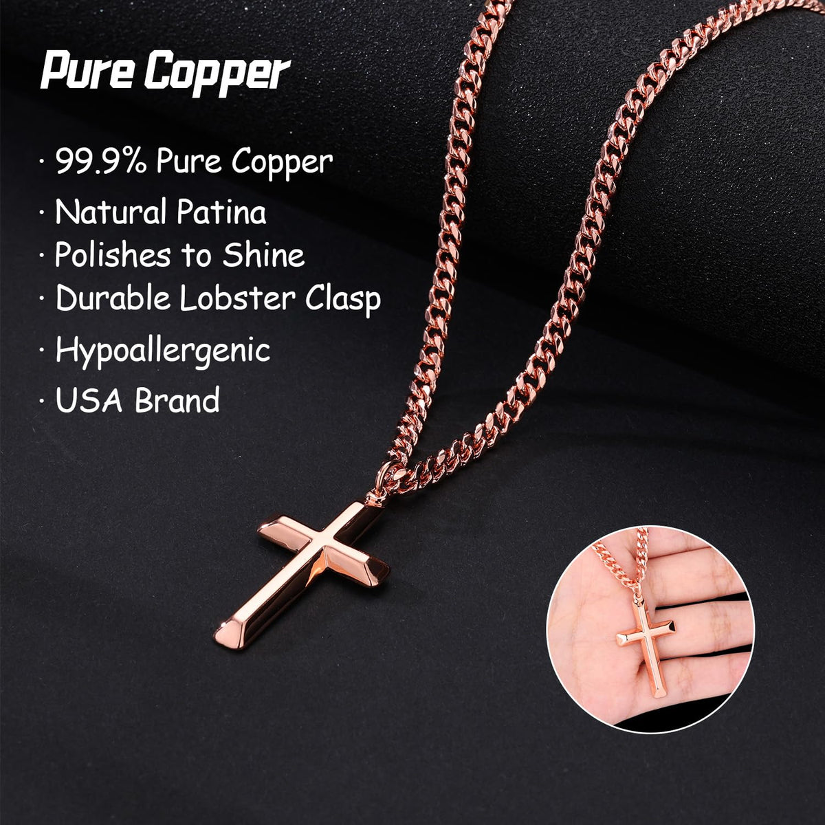 Mens Pure Copper Beveled Cross Necklace  – 18-24" Cuban Chain