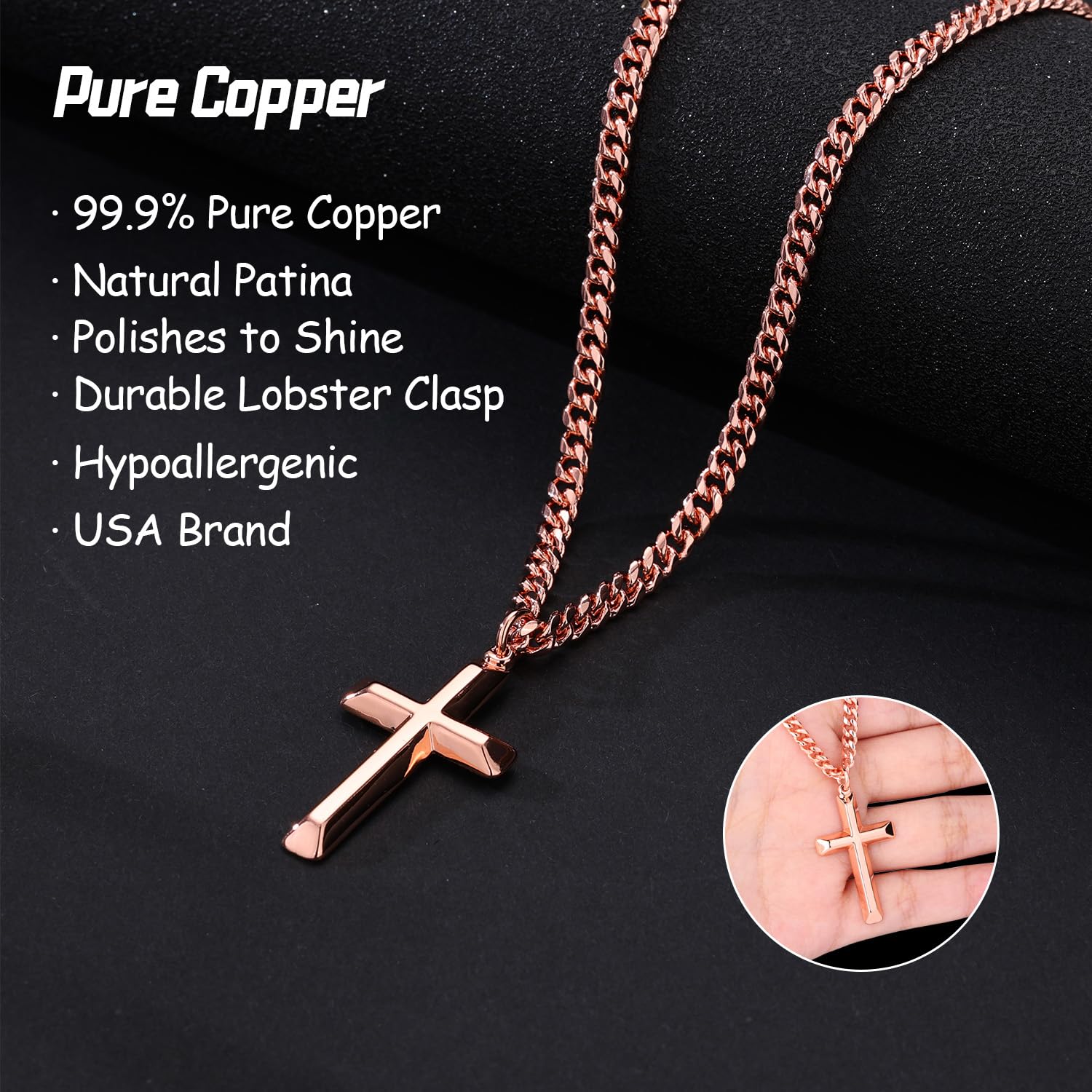 Copper Cross Necklace for Men – 99.9% Pure Copper Chain and Pendant