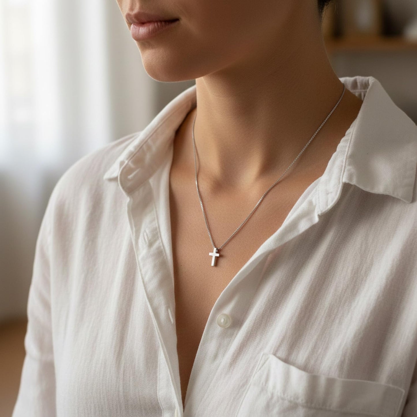 Women's Stainless Steel Classic Cross Necklace – 16.5" Box Chain + 2" Extender