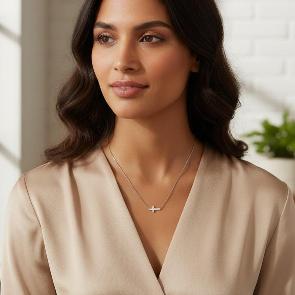 Women's Sideways Cross Necklace – Stainless Steel Adjustable Chain