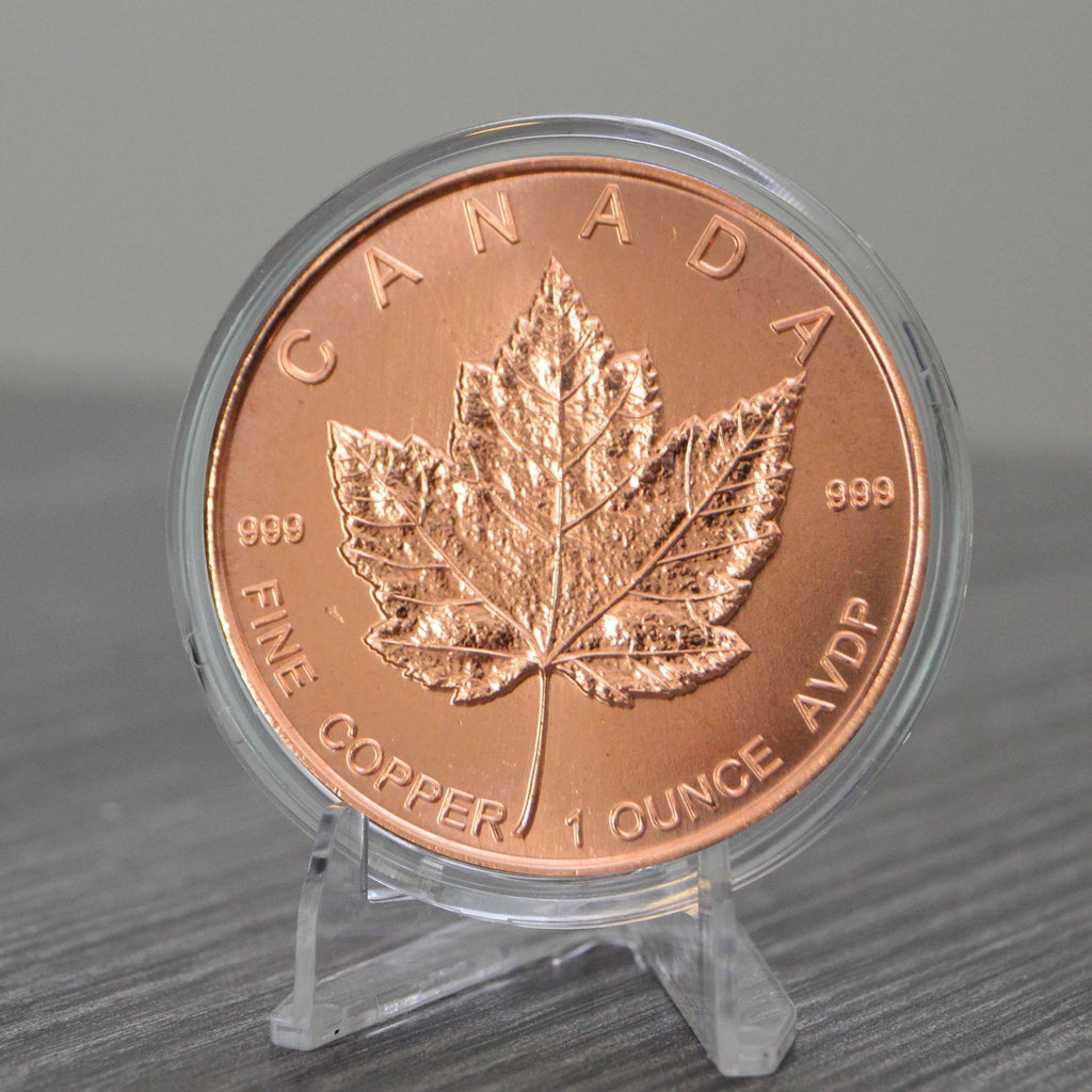 Canada Maple Leaf Design 1 oz Copper Round - .999 Fine Copper Paperweight In Acrylic Capsule