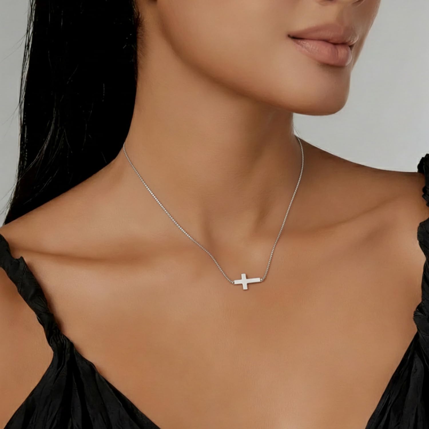 Women's Sideways Cross Necklace – Stainless Steel Adjustable Chain