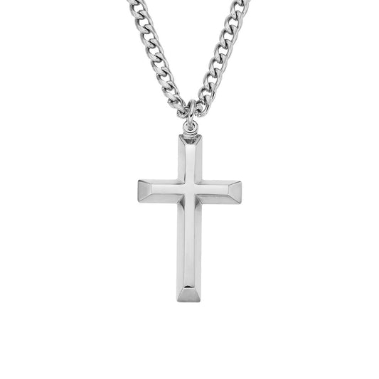 Mens Stainless Steel Beveled Cross Necklace  – 18-24" Cuban Chain