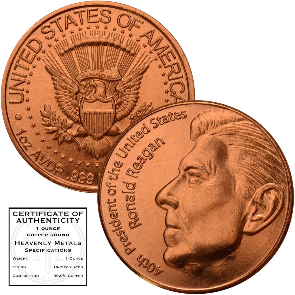 Ronald Reagan 40th President Commemorative 1 oz Pure .999 Copper Round Bullion Coin in Capsule - COA by Heavenly Metals