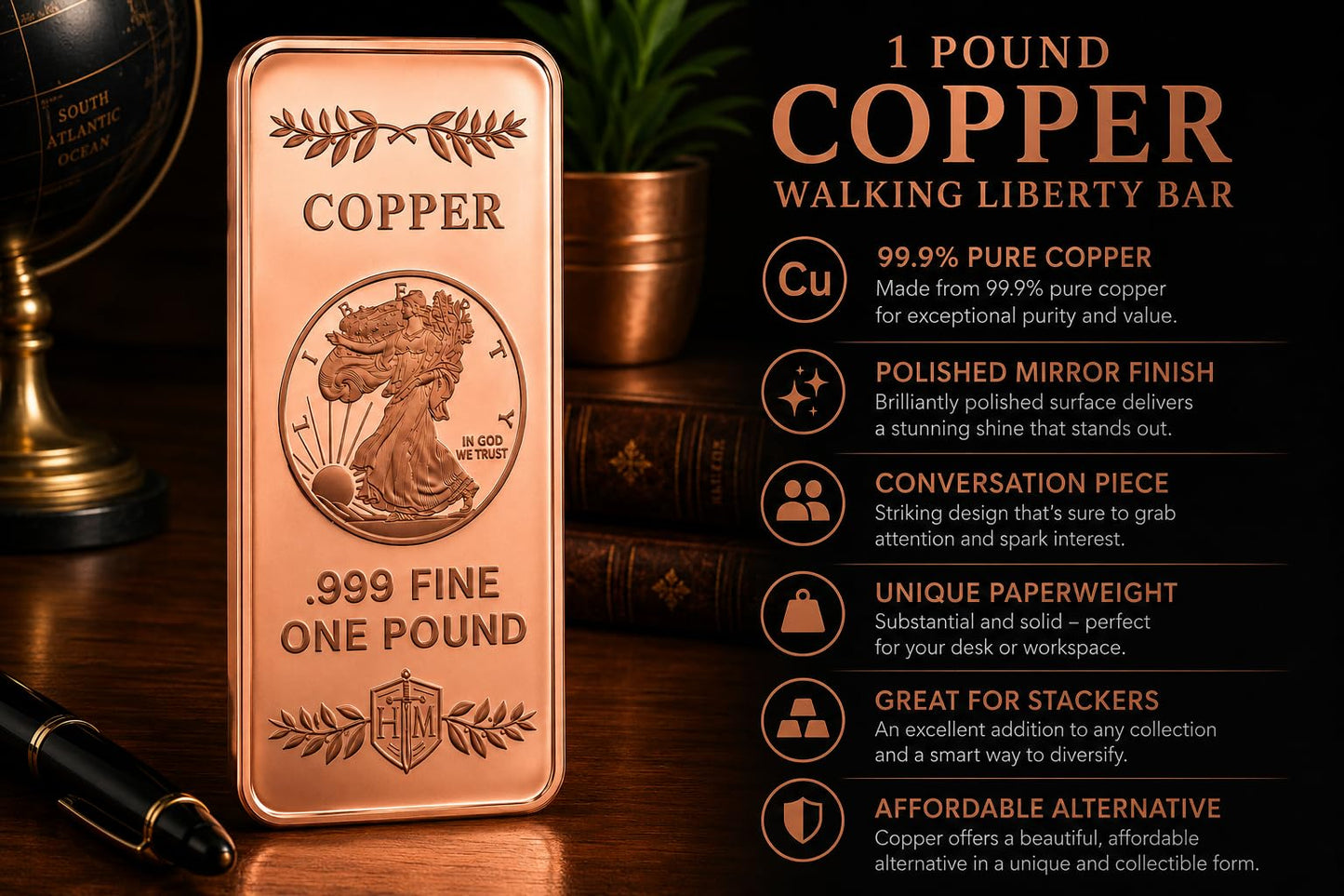 1 lb .999 Copper Walking Liberty Bullion Bar