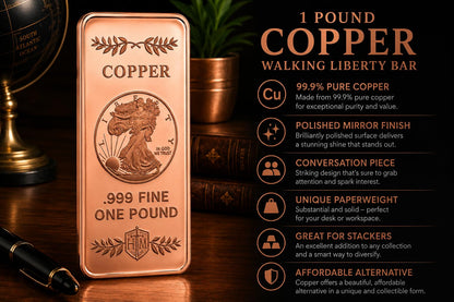 1 lb .999 Copper Walking Liberty Bullion Bar