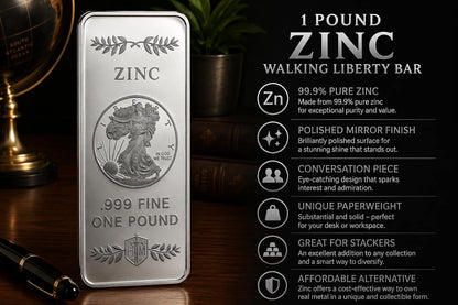 1 lb .999 Zinc Walking Liberty Bullion Bar