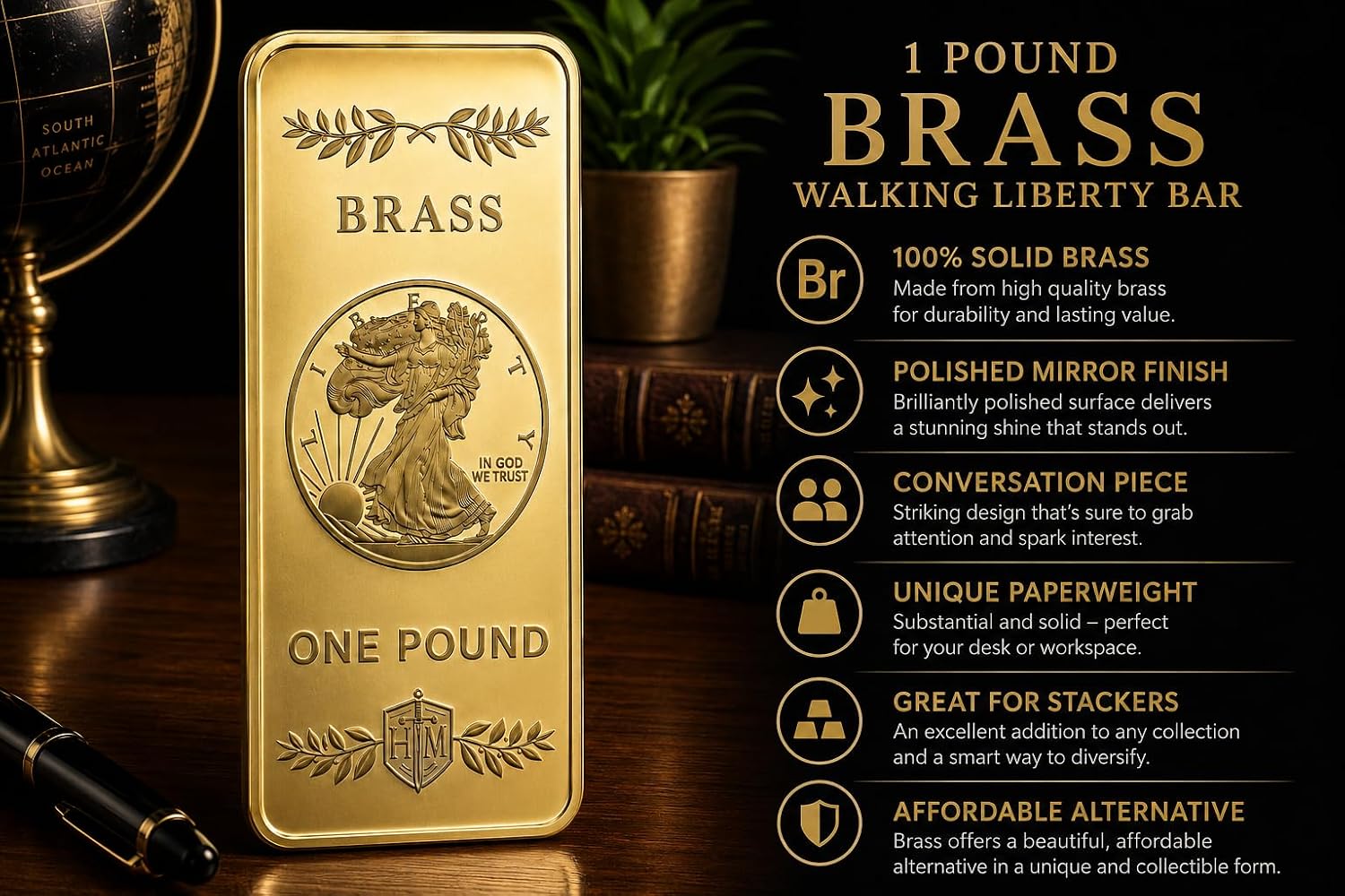 1 Pound Solid Brass Bar – Walking Liberty Mirror Polished Ingot