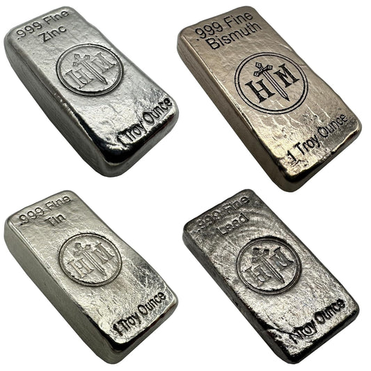 4 Pack 1 oz .999 Elemental Metal Bullion Bar Set