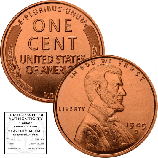 1 oz 1909 S VDB Wheat Cent Copper Round & Capsule
