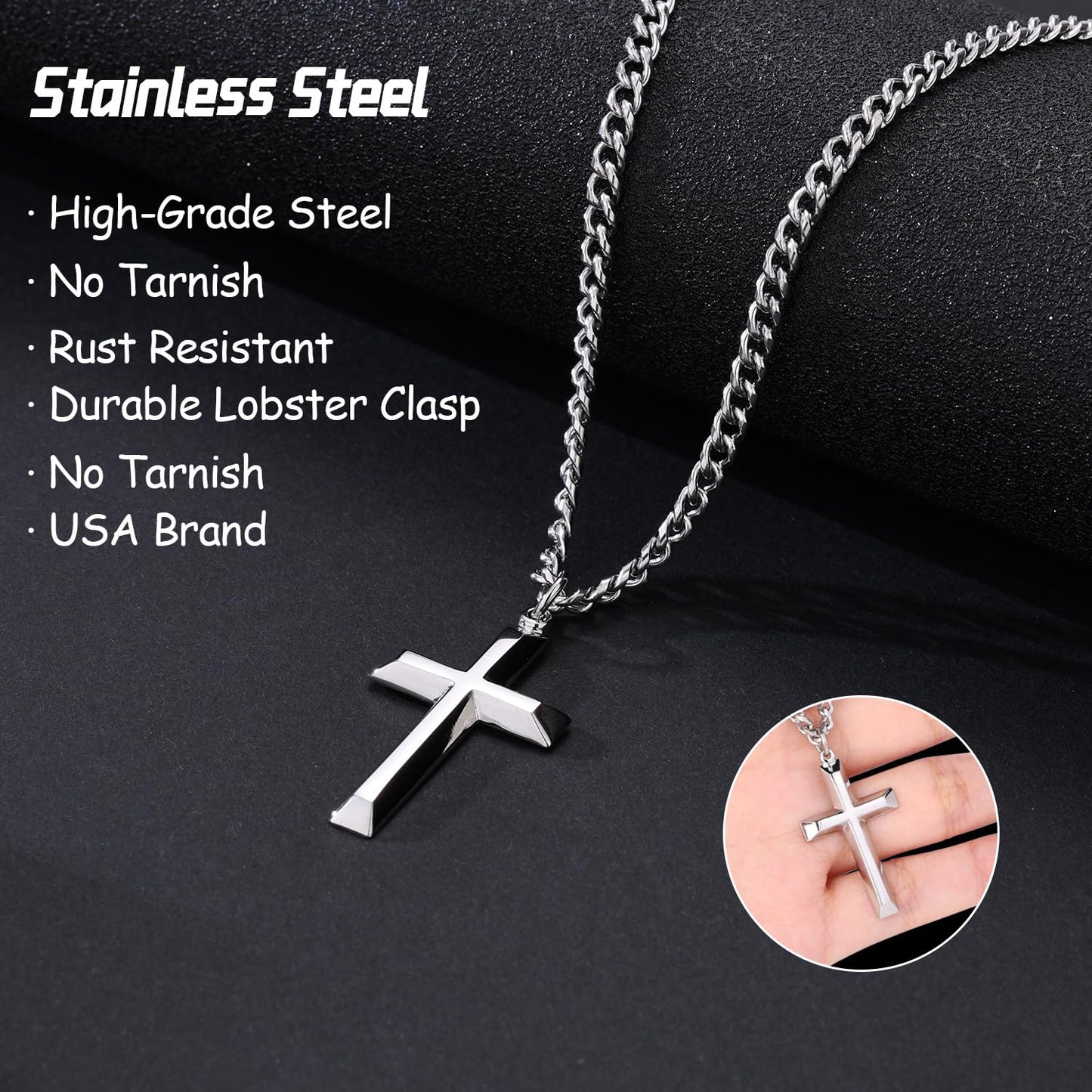 Men's Stainless Steel Cross Necklace – Silver Cuban Chain