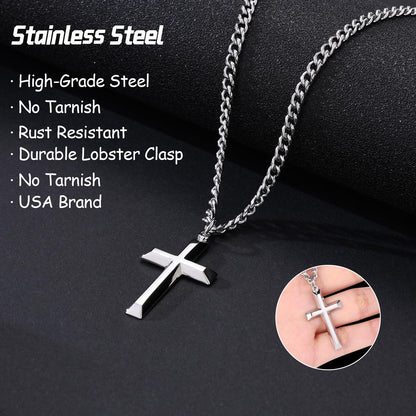 Men's Stainless Steel Cross Necklace – Silver Cuban Chain