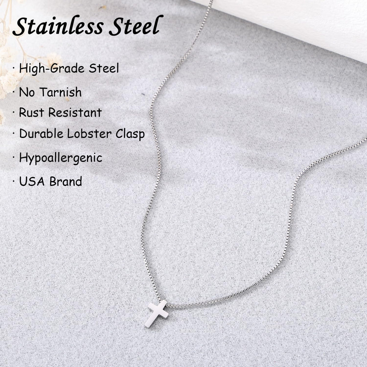 Women's Stainless Steel Classic Cross Necklace – 16.5" Box Chain + 2" Extender
