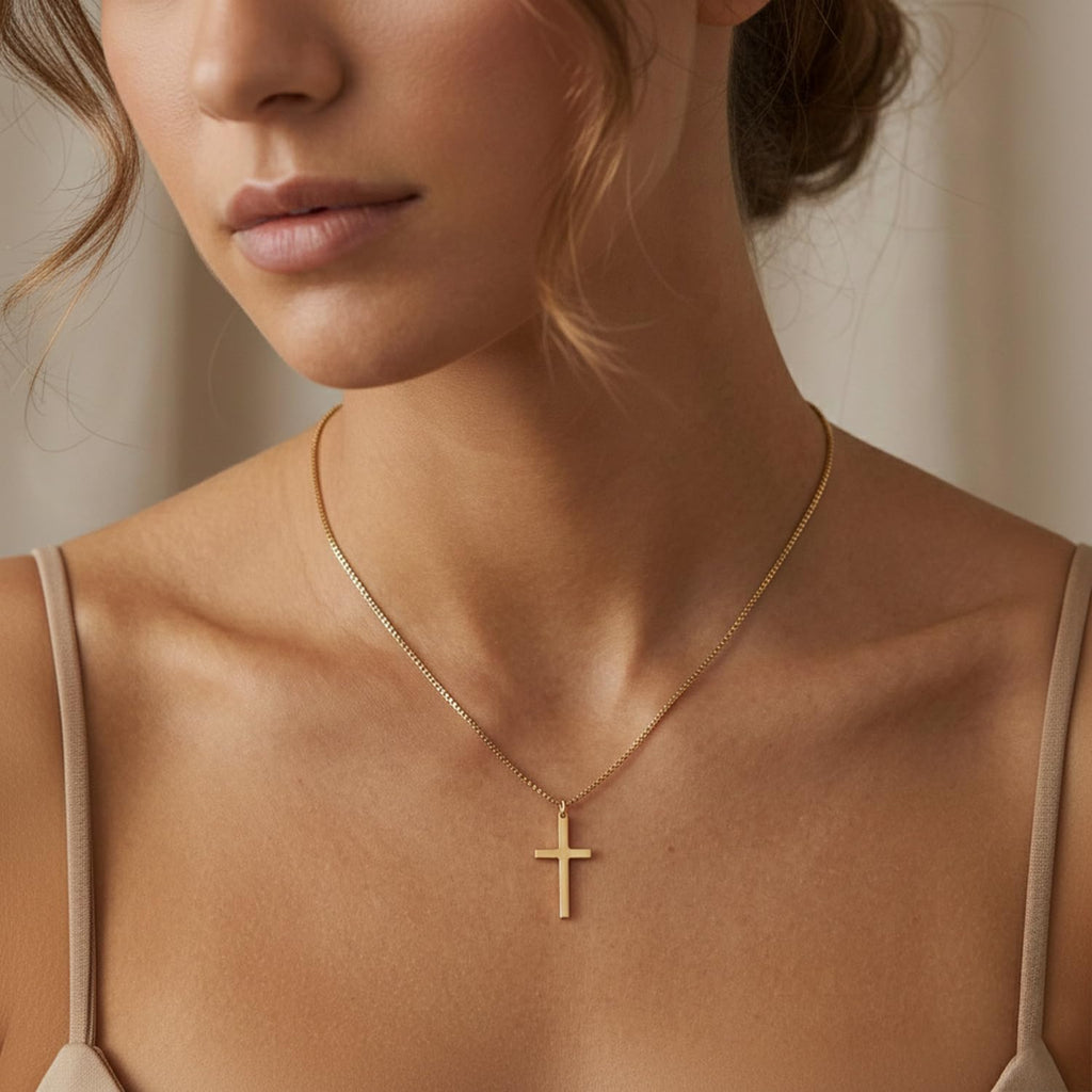 Women's 18K Gold Plated Cross Necklace – Adjustable Box Chain