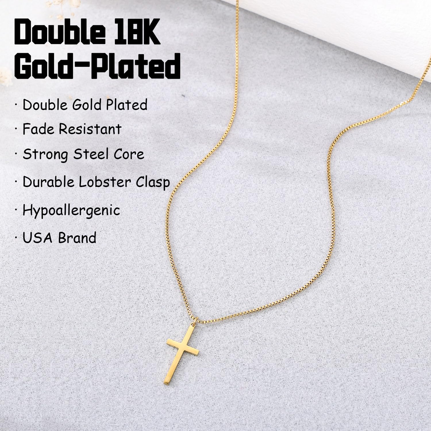 Women's 18K Gold Plated Cross Necklace – Adjustable Box Chain