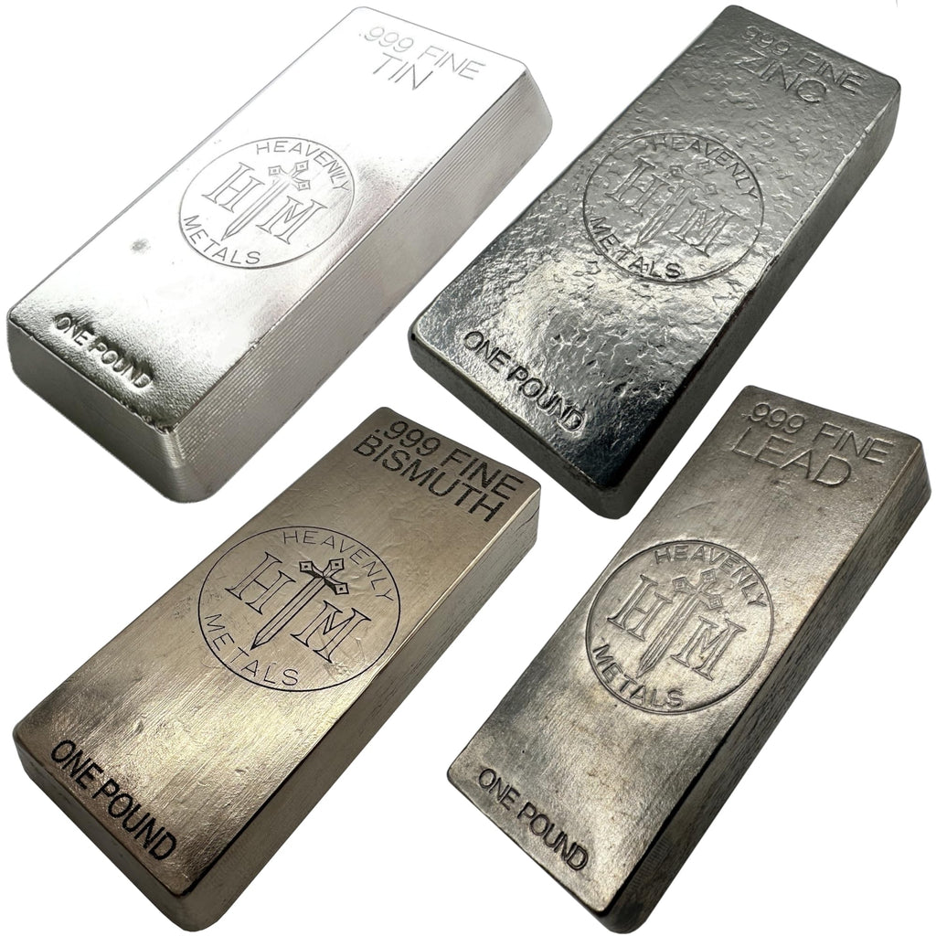 1 Pound Hand Poured Elemental Bullion Bars – Pure Lead, Bismuth, Zinc, and Tin – Made in USA (4 Pack)